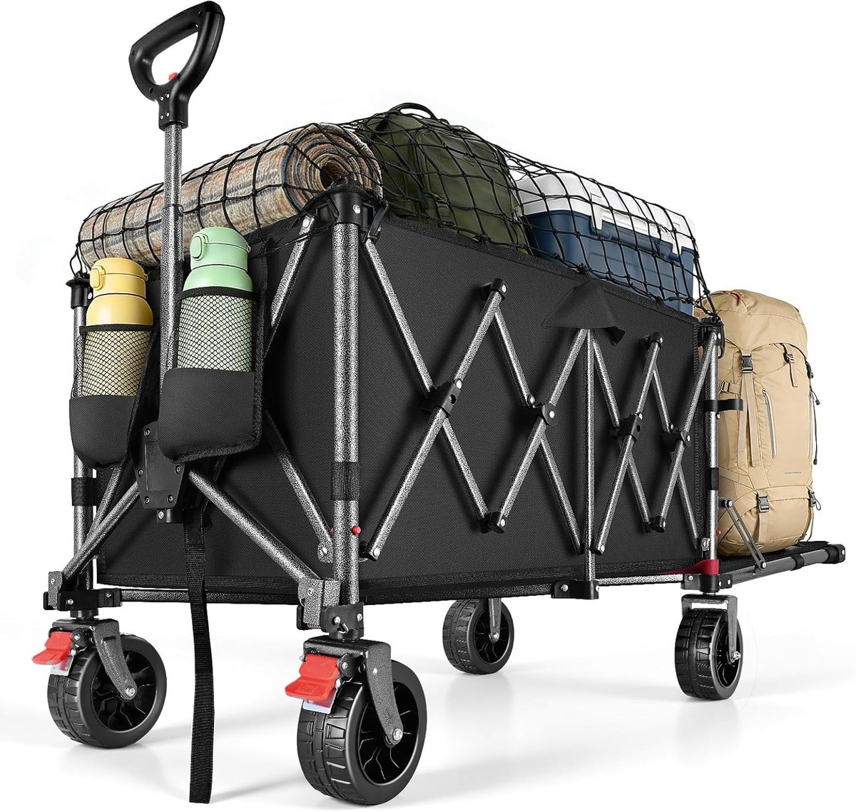 PRO Zwaar uitgevoerde opvouwbare campingwagen 160-240L, inklapbare tuingerwagen met 7 inch brede wielen, vouwontwerp aan de achterkant, dubbele rem aan de voorkant, 75 × 45 cm gaastas, zwart