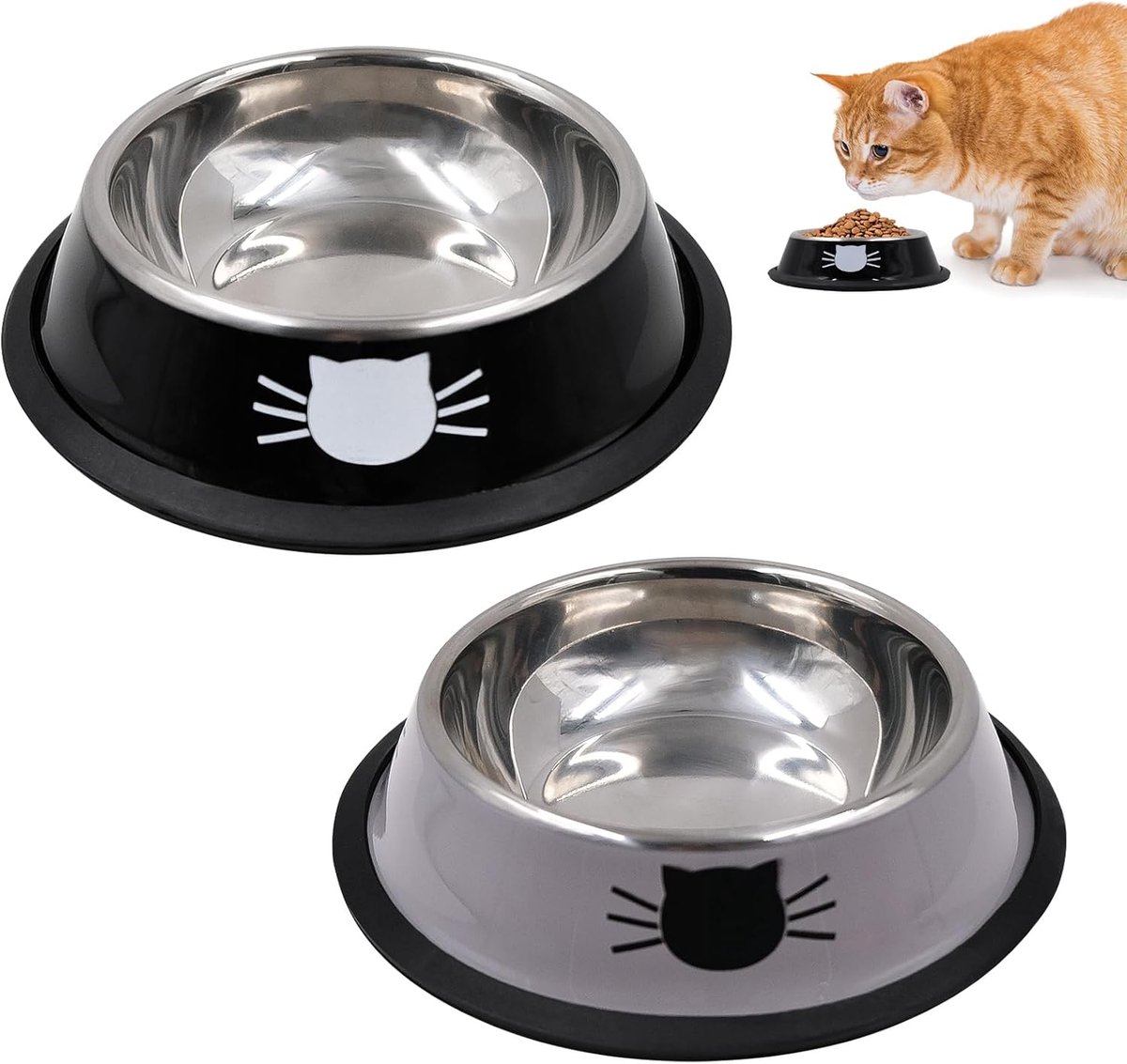 Set van 2 kattenbakken, roestvrij staal, 11,5 x 15,5 x 4,5 cm, 80 g, antislip, grijs-zwart, voor katten, kleine honden