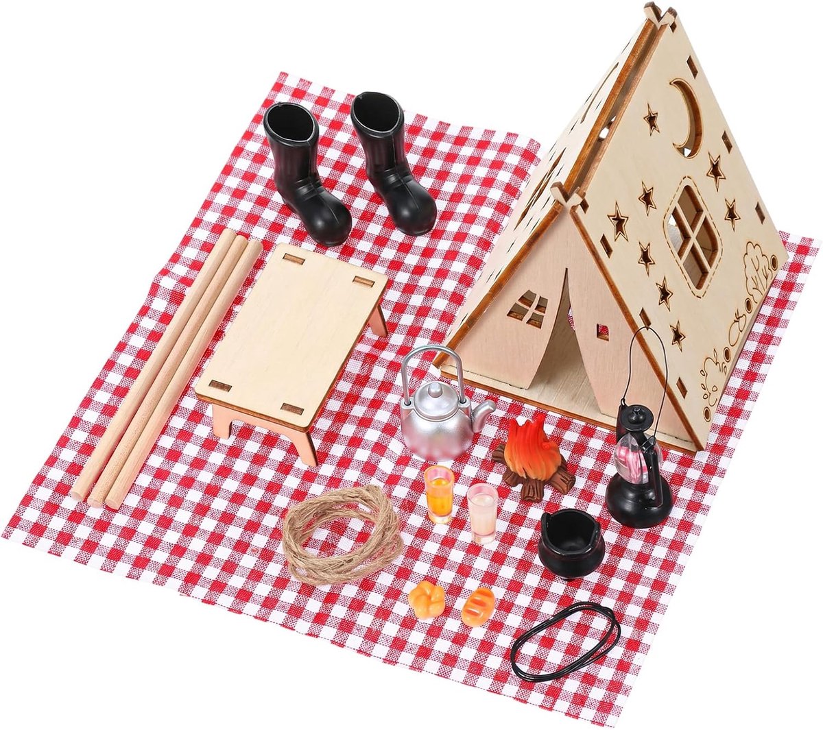 18 stuks kabouteraccessoires, poppenhuisaccessoires, camping, kabouterset, miniatuur kabouterhuis, kabouteraccessoires met kampvuur, tafel, tent, brood, schoenen, kabouterdeur, decoratie
