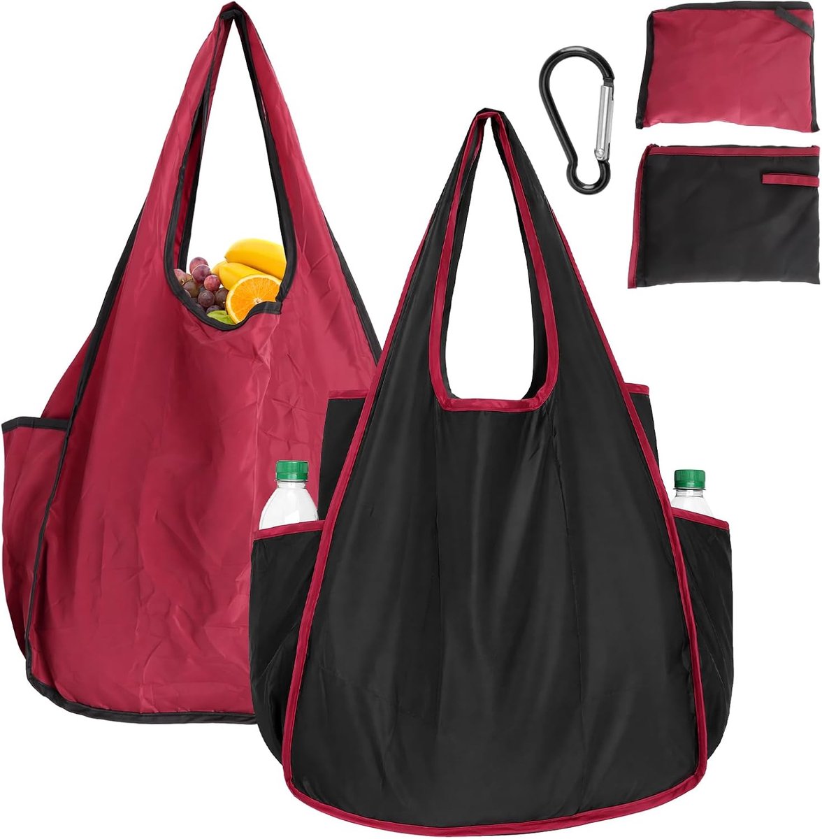 2 stuks boodschappentas, opvouwbaar, grote boodschappentas met zijvakken, 40 kg | Rood zwart set van nylon 60 x 40 x 14 cm 40 kg 2 zijvakken binnenvak brede riemen karabijnhaak herbruikbaar winkelen