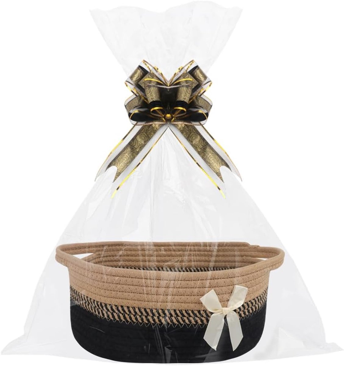 Lege, gevlochten geschenkmand met 2 transparante cadeauzakjes en 2 geschenkstrikken