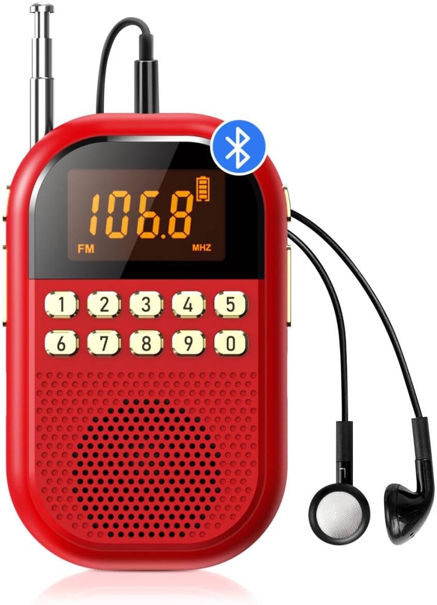 Draagbare AM/FM-radio, 1100mAh oplaadbare radio, Bluetooth-ontvanger - Rood | Mini FM/AM-ontvanger met grote luidspreker, 24 uur afspeeltijd, stereo-oortelefoon, slaaptimer, gemakkelijk te gebruiken tijdens het joggen en wandelen