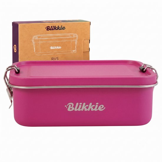 Boîte à lunch Blikkie RVS rose vif avec fermoirs argentés. La boîte est rectangulaire et porte le logo Blikkie.