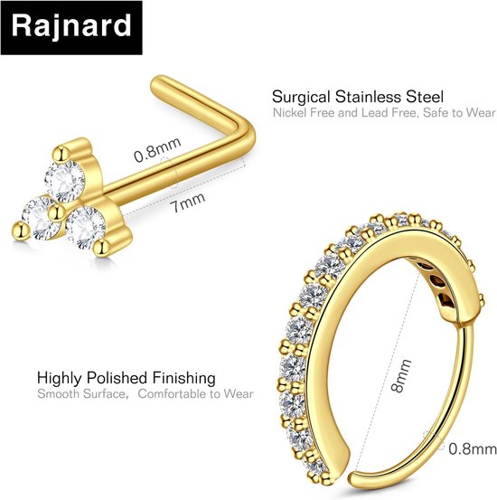 18 STKS 316L Chirurgisch Stalen Neus Ring Studs 20G 8mm 7mm Zilver Goud L-Vorm Neus Schroef Neus Hoop Ringen Voor Vrouwen Meisjes Rvs Neusgat Piercing Sieraden — afbeelding 4