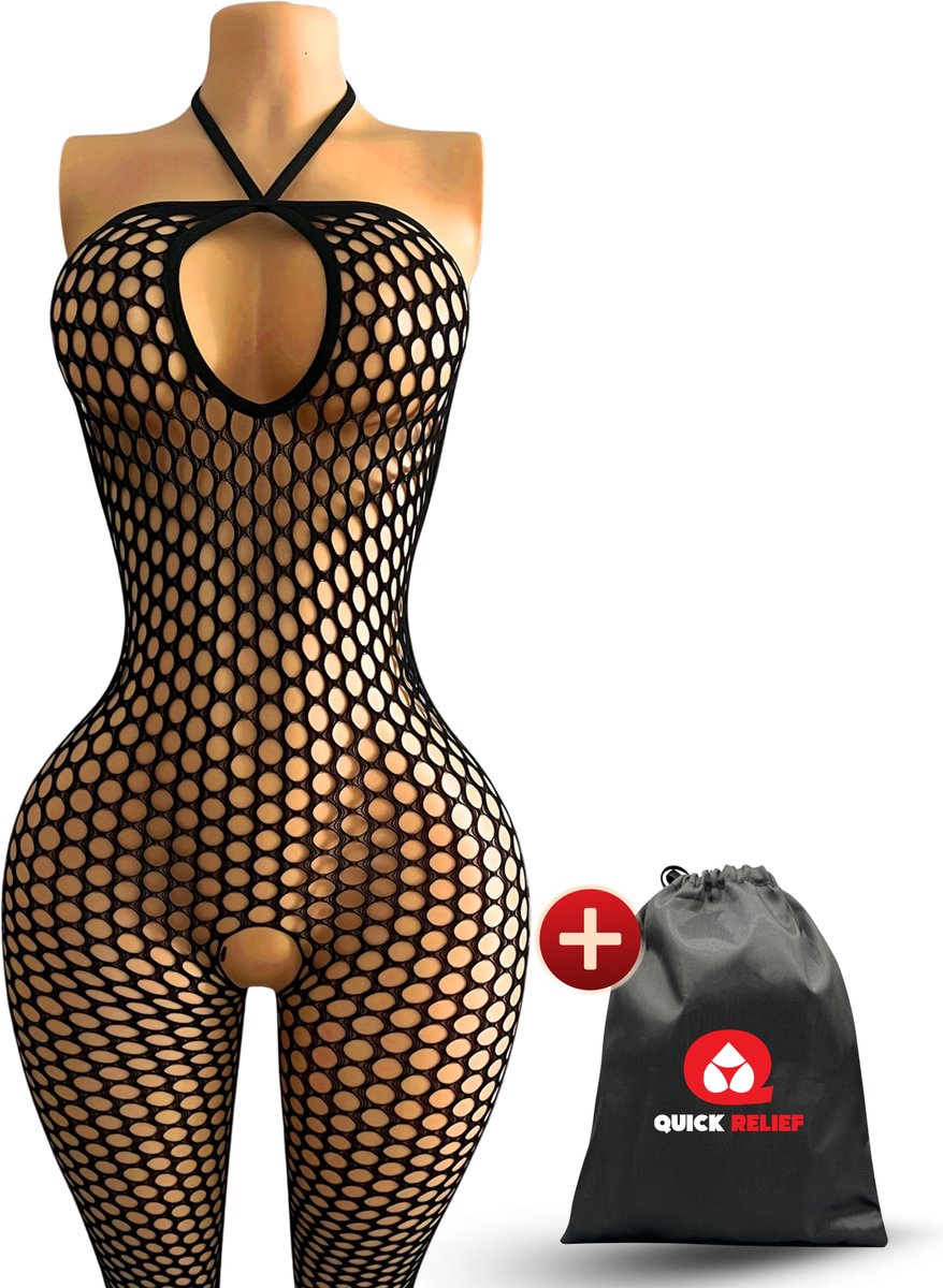 Quick Relief Bodysuit - Visnet - Erotische Body Suit - Open Kruis - Uitdagend Ondergoed - Fishnet Lingerie - Doorzichtig - Panty - One Size