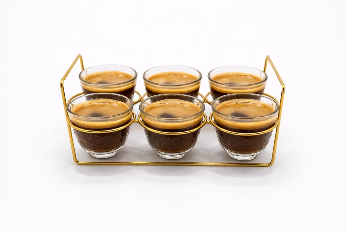 6 glazen met goudkleurige metalen standaard, 60 ml, helder glas, modern