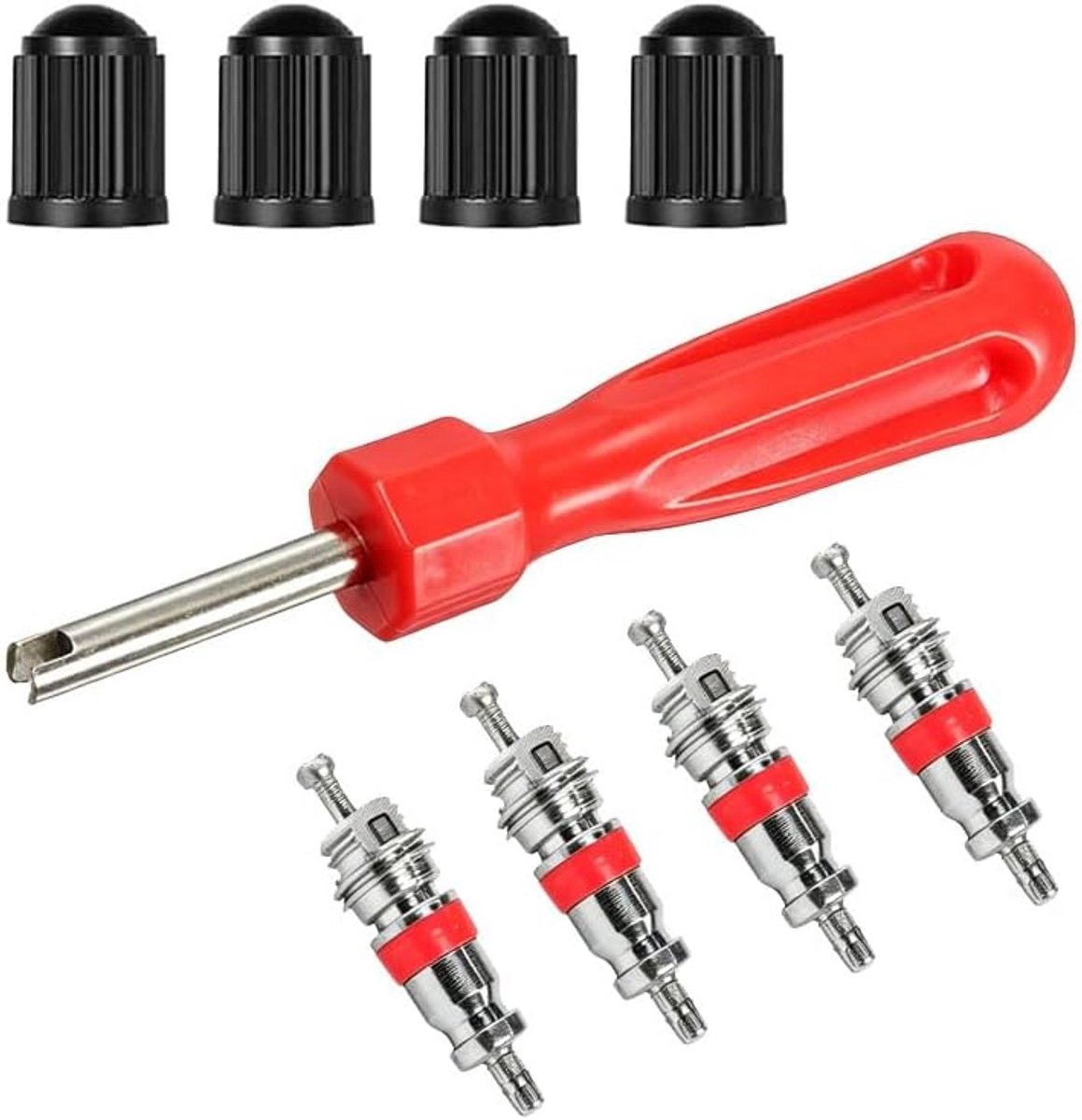 Ventielinzetverwijderaar, met 4 ventielen en ventieldoppen, rood, enkele kop, ventieluitdraaier, bandenventiel, gereedschap voor fiets, auto, motorfiets, vrachtwagen, reparatiegereedschap