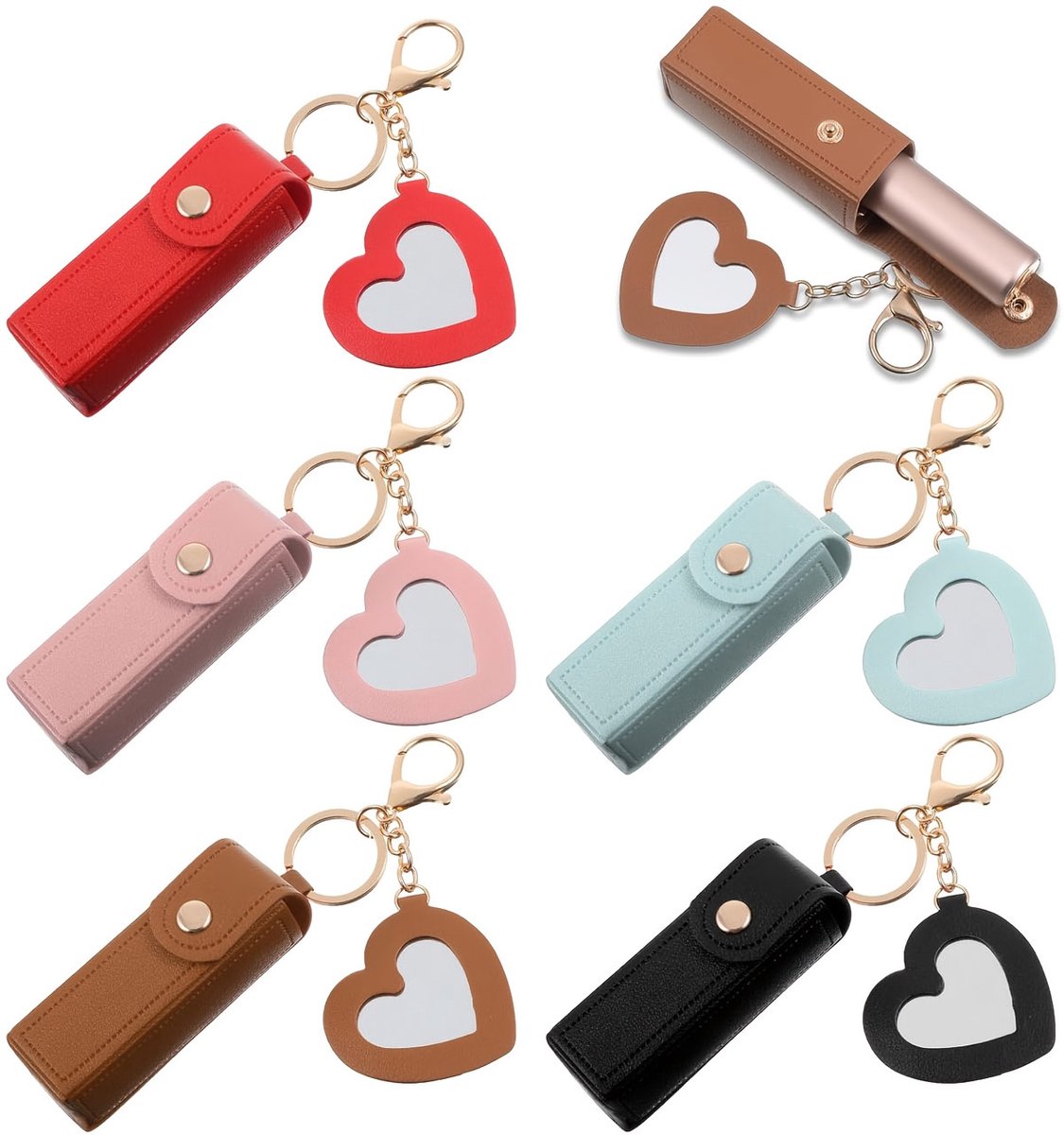 5x Lippenstift houder - Lippenstiftdoosje - Lipstick houder - Met spiegel - Sleutelhanger - Etui voor lipgloss - Etui voor hoesje - Opbergdoosje voor lippenstift - Draagbaar make-updoosje - Geschikt voor het opbergen van make-up onderweg - PU-leer