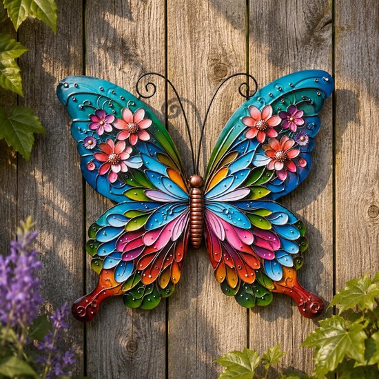 Papillon décoratif en métal aux teintes multicolores, orné de fleurs, accroché à une clôture en bois.