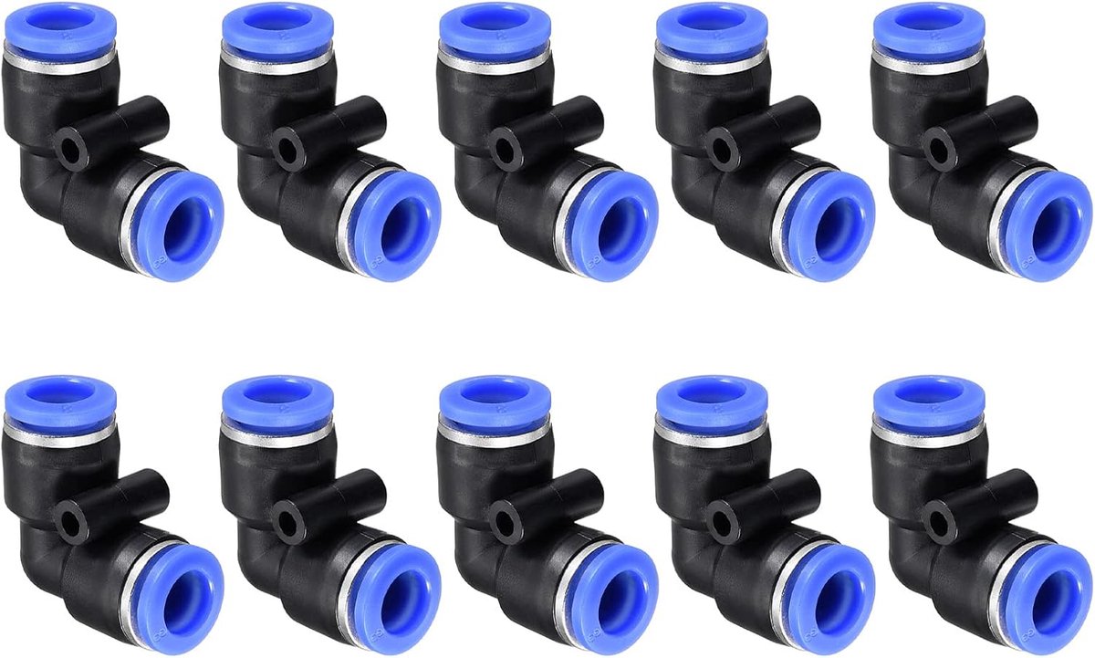 METERXITY 10 Pack 90 graden elleboogdruk om luchtslangfittingen aan te sluiten, voor het transport van luchtwater, toepassen op buiten/industrieel (8 mm, blauw, zwart)