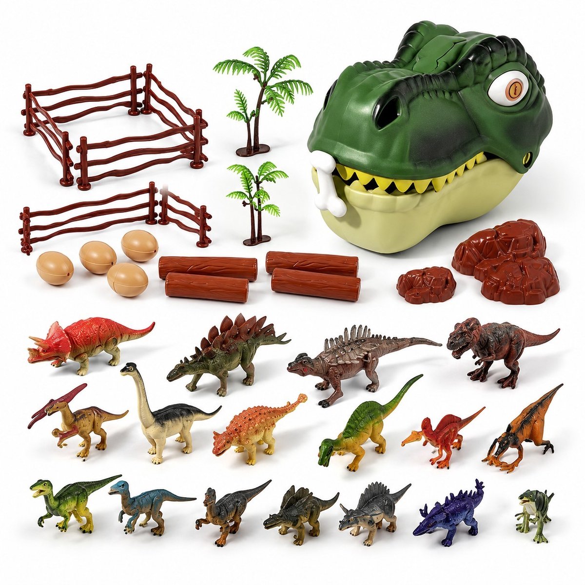 K&R Ventures® Dinosaurussen Speelset - 45-delig - Inclusief Dinofiguren, Dinohoofd Opbergbox, Eieren, Hekken & Bomen - Educatief Speelgoed - Vanaf 3 Jaar