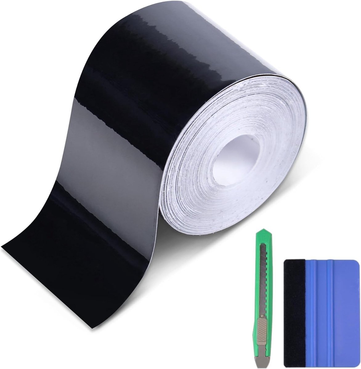sierlijstenfolie zwart hoogglans (10 cm x 9 m), zelfklevend vinylfolieband ideaal voor Chrome Delete, randbescherming, deurstijlen - universele lakbescherming met gereedschap