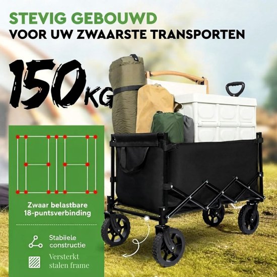 NIVA® Bolderkar - 150 kg Laadcapaciteit Uiterst Vouwbare Handkar - Vouwhandkar Met Remmen - Zwart - 75cm x 48cm x 62cm van Niva — afbeelding 5