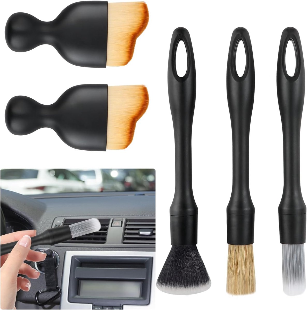 5 Stuks Autodetailingborstel - Zachte Auto Interieur Borstel - Krasvrij Stofverwijderingsgereedschap - Fijne Reinigingsborstels voor Dashboard, Ventilatie & Bekleding - Zacht & Veilig voor Gevoelige Oppervlakken - Zwart