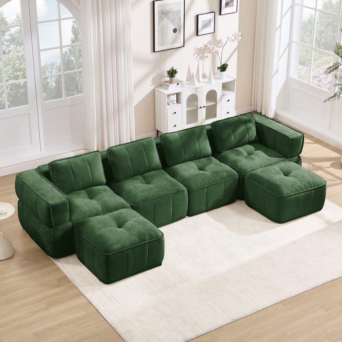 Moderne Hoekbank, U-Bank, 4-Zits bank, Modulaire U-Vormige Bank Voor 4 Personen Zonder Frame, Met 2 Voetenbankjes, 32D Schuim Met Hoge Dichtheid, Zachte En Comfortabele Stoffen Bekleding, Antislip, Voor De Woonkamer, Geen Montage Nodig-Groente
