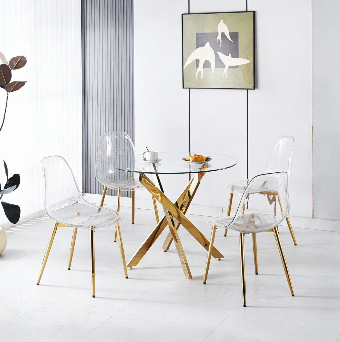 REDOM - Set tafel en stoelen - Ronde glazen eettafel - Met 4 stoelen - Modern - Eetkamer - Metaal en kunststof - Goud - 80 x 80 x 75 cm