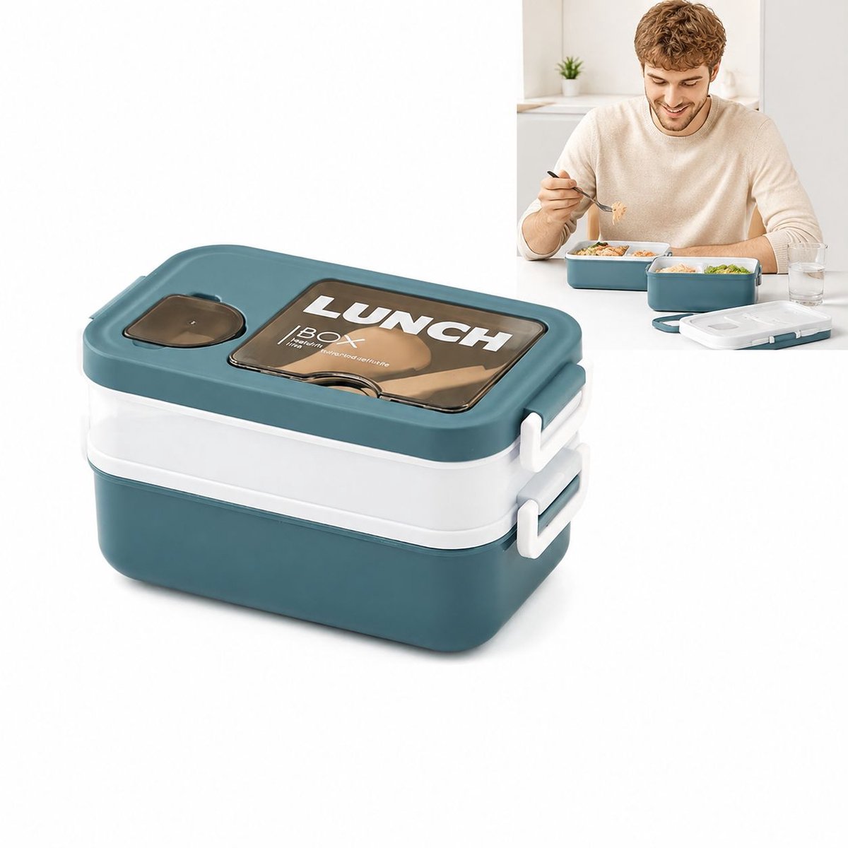 VHV-Lunchbox - Lekkagevrije Bento Box met 1400 ml Capaciteit, Handig Vakje voor Saus en Bestek voor Werk, School en Reizen - Blauw