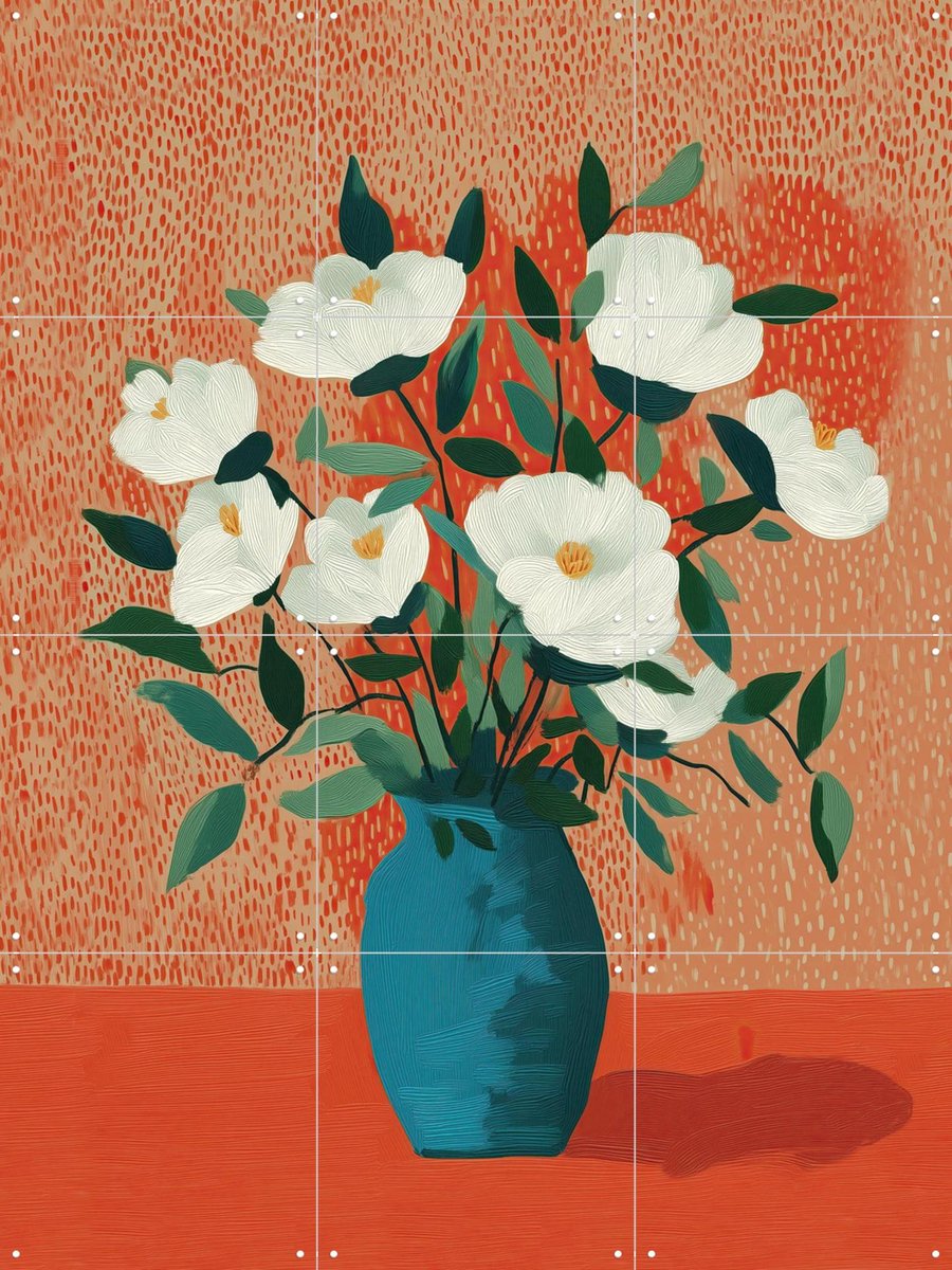 IXXI White Blossoms in Blue Vase, Branka Kodžoman - 60 x 80 cm - Gratis ophangtool - Grote wanddecoratie en posters - Kleurrijk, Kwaststreken