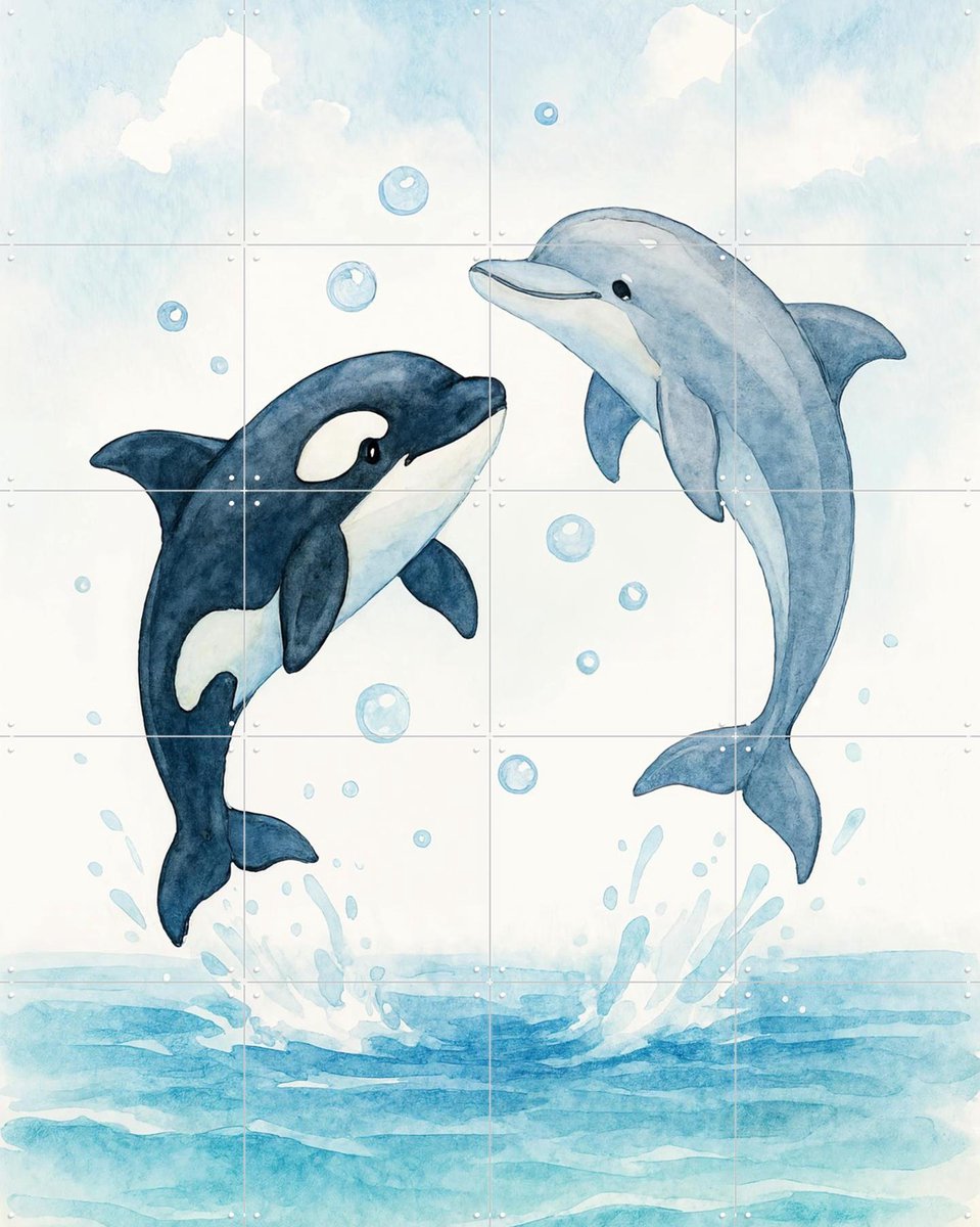 IXXI Dolfijn en Orka Spelen Samen in de Zee, Natalie Bruns - 80 x 100 cm - Gratis ophangtool - Grote wanddecoratie en posters - Fantasierijk, Aquarel