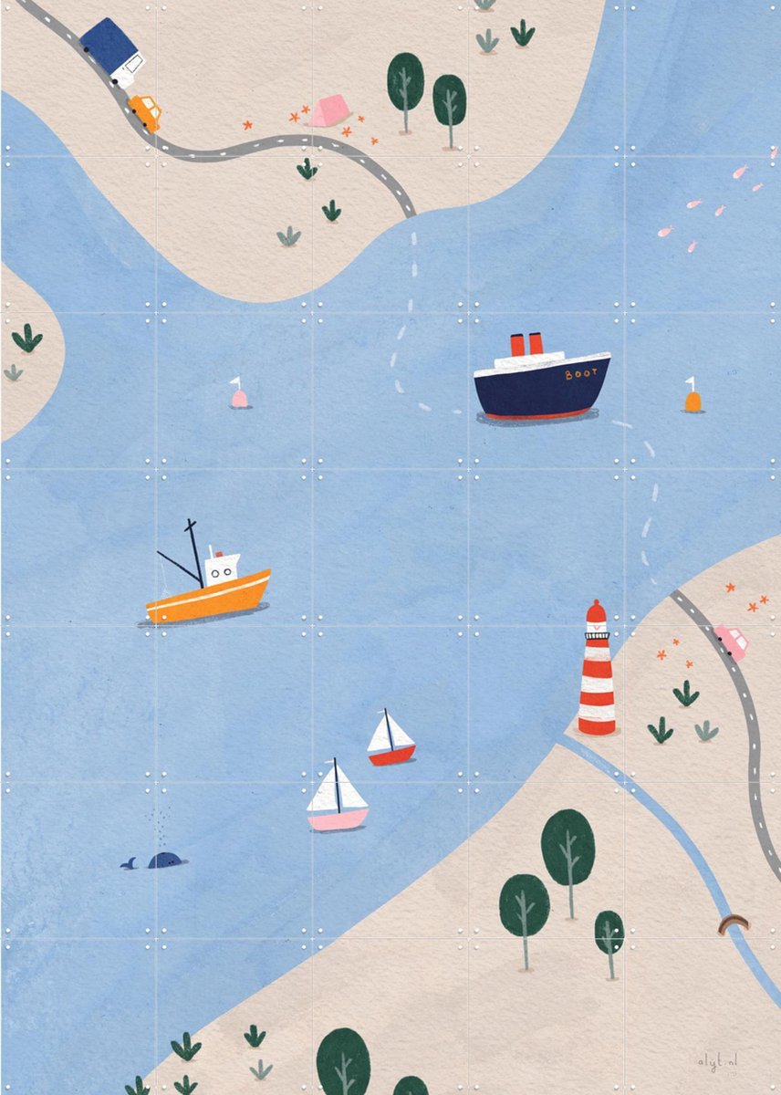 IXXI Zeekaart, Alijt - 100 x 140 cm - Gratis ophangtool - Grote wanddecoratie en posters - Speels, Geometrische Kunst, Kleurrijk, Cartoonesk