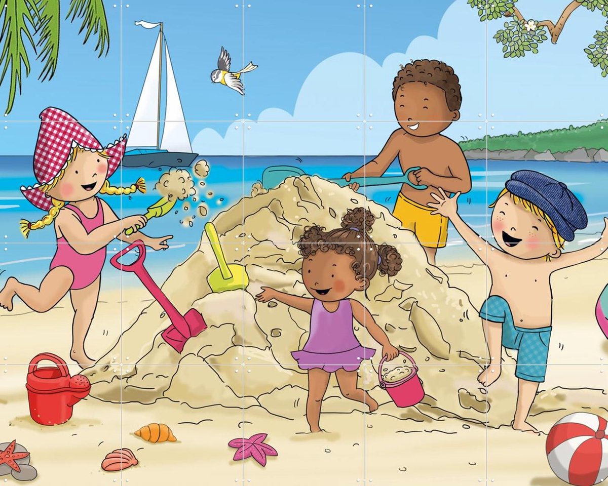 IXXI Fien & Teun spelen op het strand, Fien & Teun & Van Hoorne Studios - 100 x 80 cm - Gratis ophangtool - Grote wanddecoratie en posters -