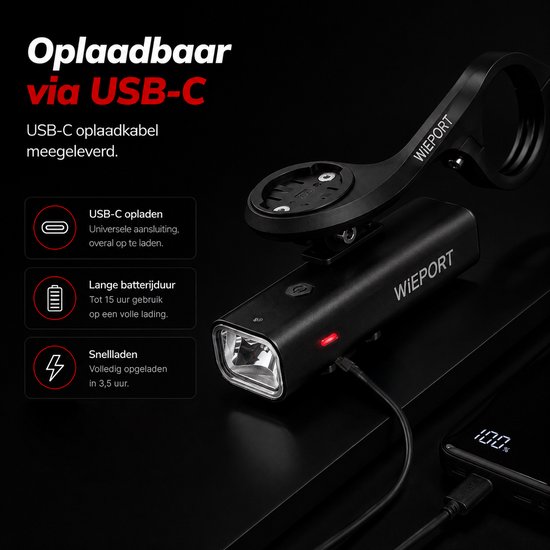 Wieport LED Voorlamp - Fietslamp - 800 Lumen - Oplaadbaar - Zwart — afbeelding 2