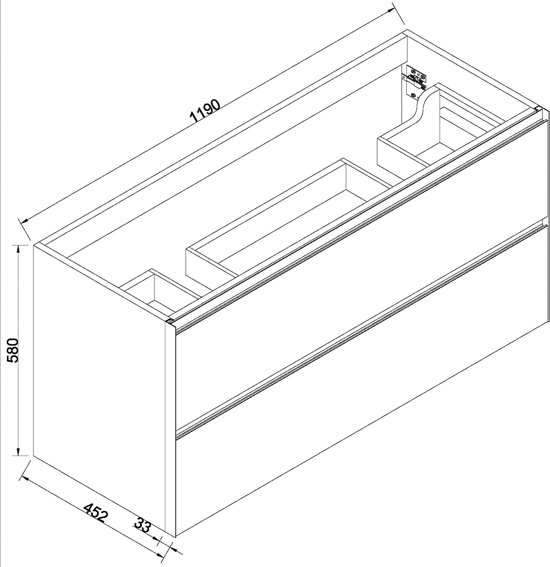 Technische tekening van wastafelonderkast 120x58x45.2 cm, met twee lades en interne indeling.