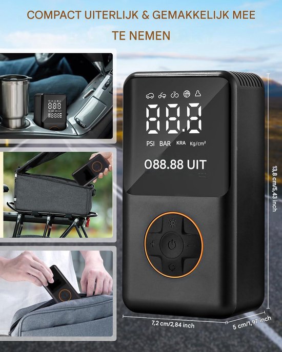 Draagbare bandenpomp 150 PSI – digitale drukmeter, 3x sneller, voor auto en fiets, zwart,Mini luchtcompressor voor motor, fiets en ballen – oplaadbaar en krachtig – ideaal voor onderweg — afbeelding 4
