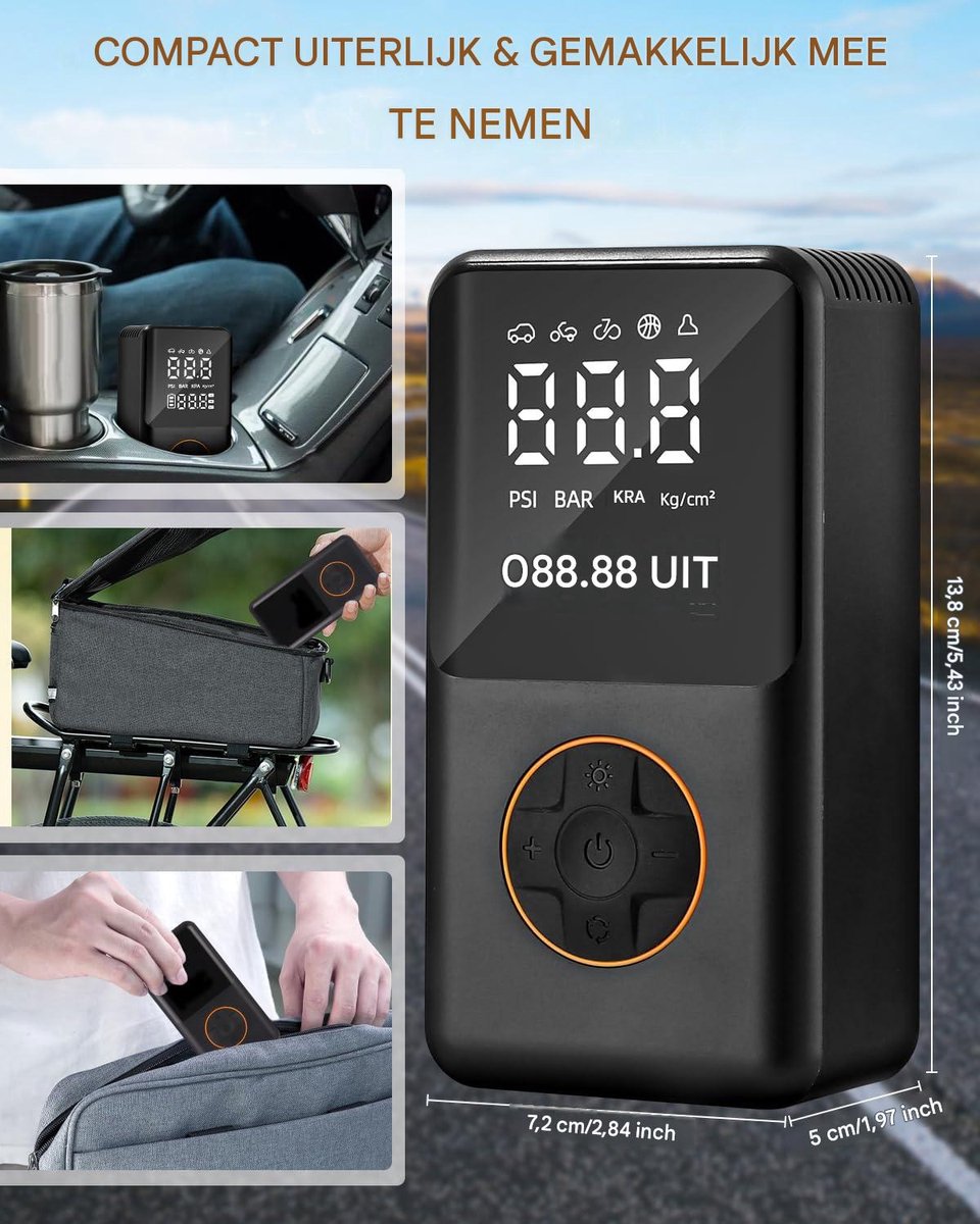 Draagbare bandenpomp 150 PSI - digitale drukmeter, 3x sneller, voor auto en fiets, zwart,Mini luchtcompressor voor motor, fiets en ballen thumbnail 4