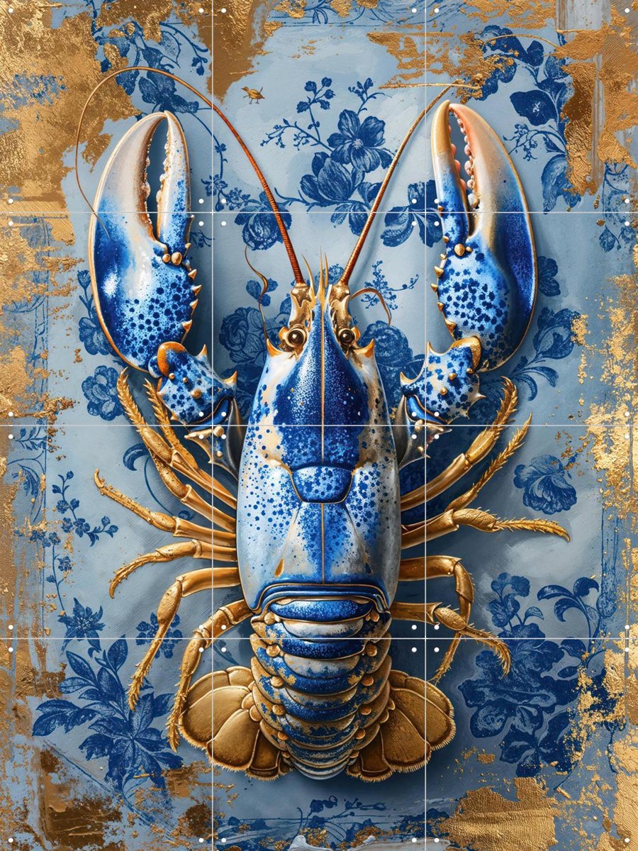 IXXI Painting Royal Delft Blue Lobster, OTTI - 60 x 80 cm - Gratis ophangtool - Grote wanddecoratie en posters - Speels, Kleurrijk, Digitale Kunst
