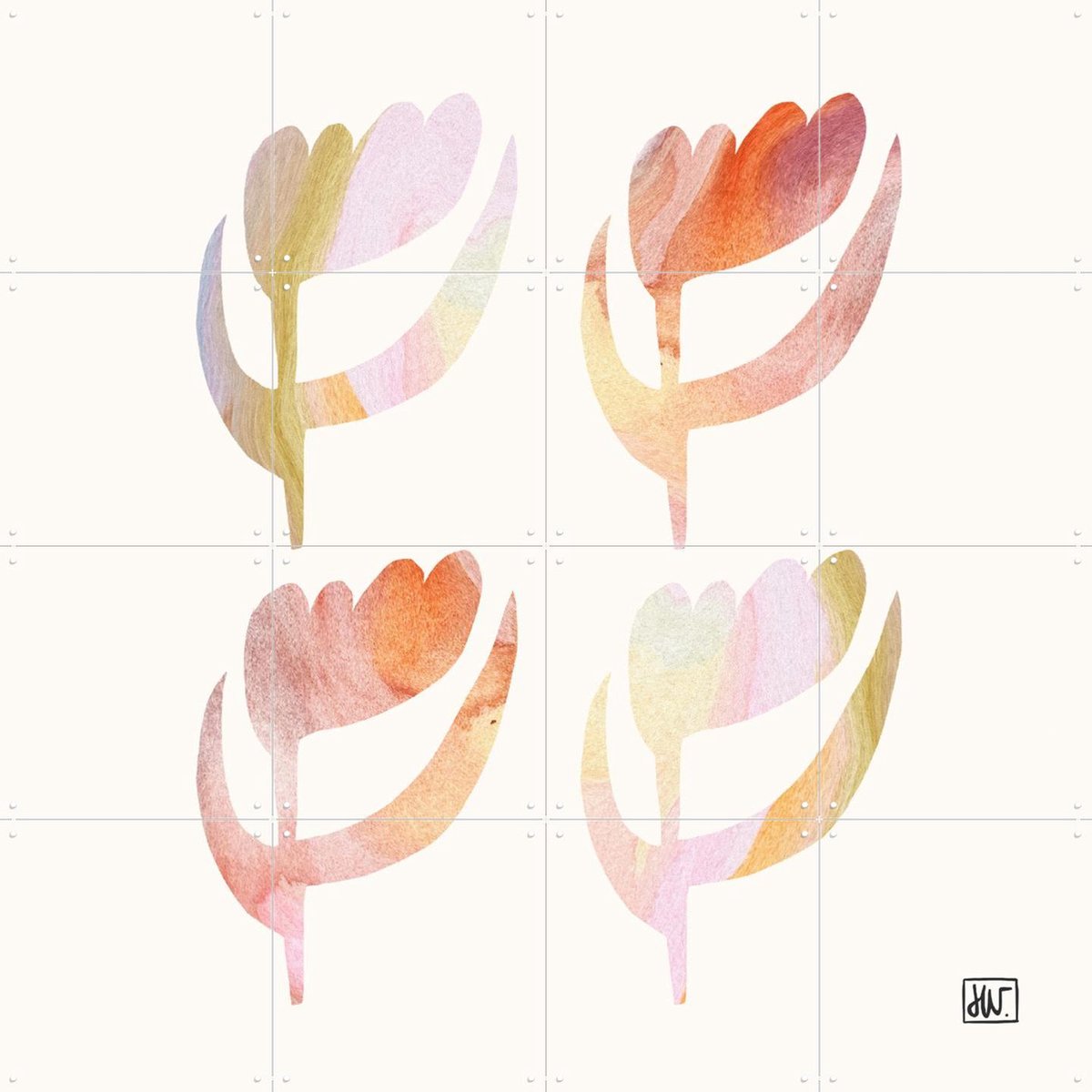 IXXI Four In Bloom, Henriette Visscher - 80 x 80 cm - Gratis ophangtool - Grote wanddecoratie en posters - Modern, Illustraties, Aquarel