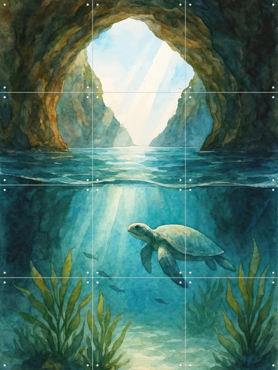 IXXI Zeeschildpad Onder Water in Verborgen Grot, Natalie Bruns - 60 x 80 cm - Gratis ophangtool - Grote wanddecoratie en posters - Realisme