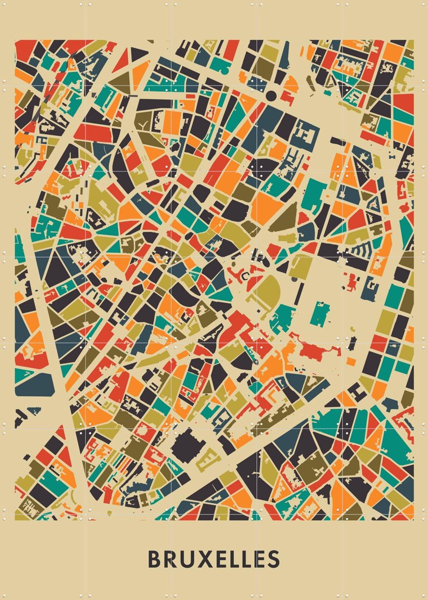 IXXI Bruxelles Mosaic Map, Kunst in Kaart - 100 x 140 cm - Gratis ophangtool - Grote wanddecoratie en posters - Street art, Geometrische Kunst