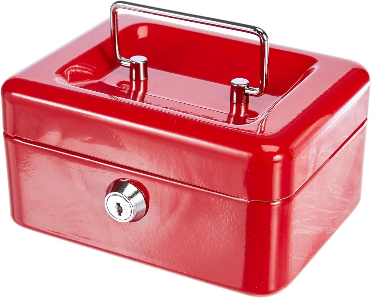 Geldkist met slot - Kleine geldlade - Veilig opbergen - Met munteninzet - 15 x 12 cm - Rood