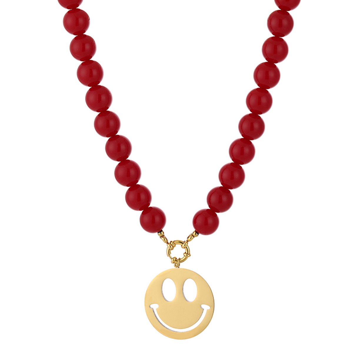 Smiley Pendant Round Bead Necklace – Kralen Ketting met Happy Face – RVS - Rood