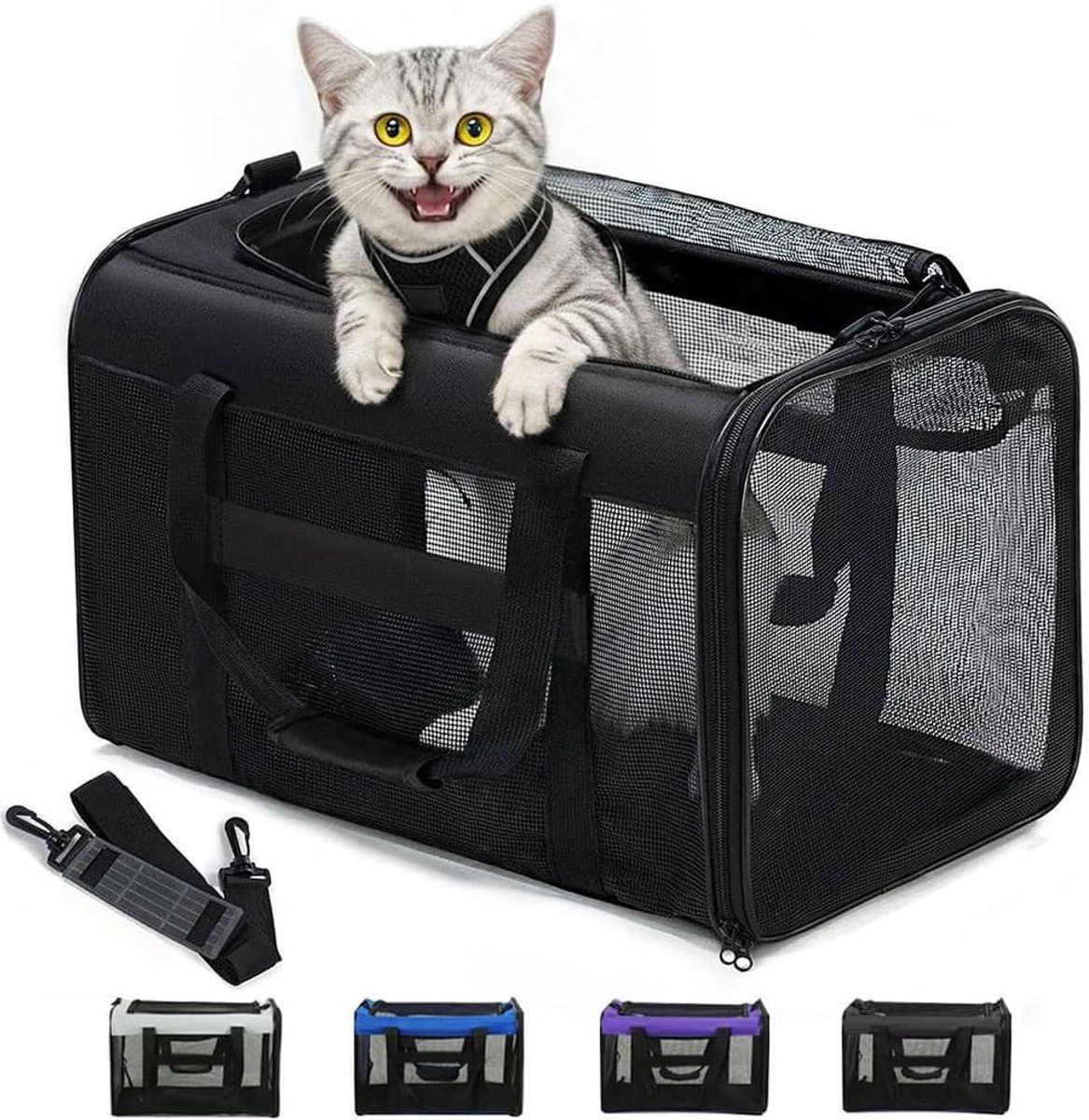 Kattentransportbox - Draagtas Kat - Reizen met Huisdier - Ademend Mesh aan 4 zijden - 43x28x28 cm - Zwart