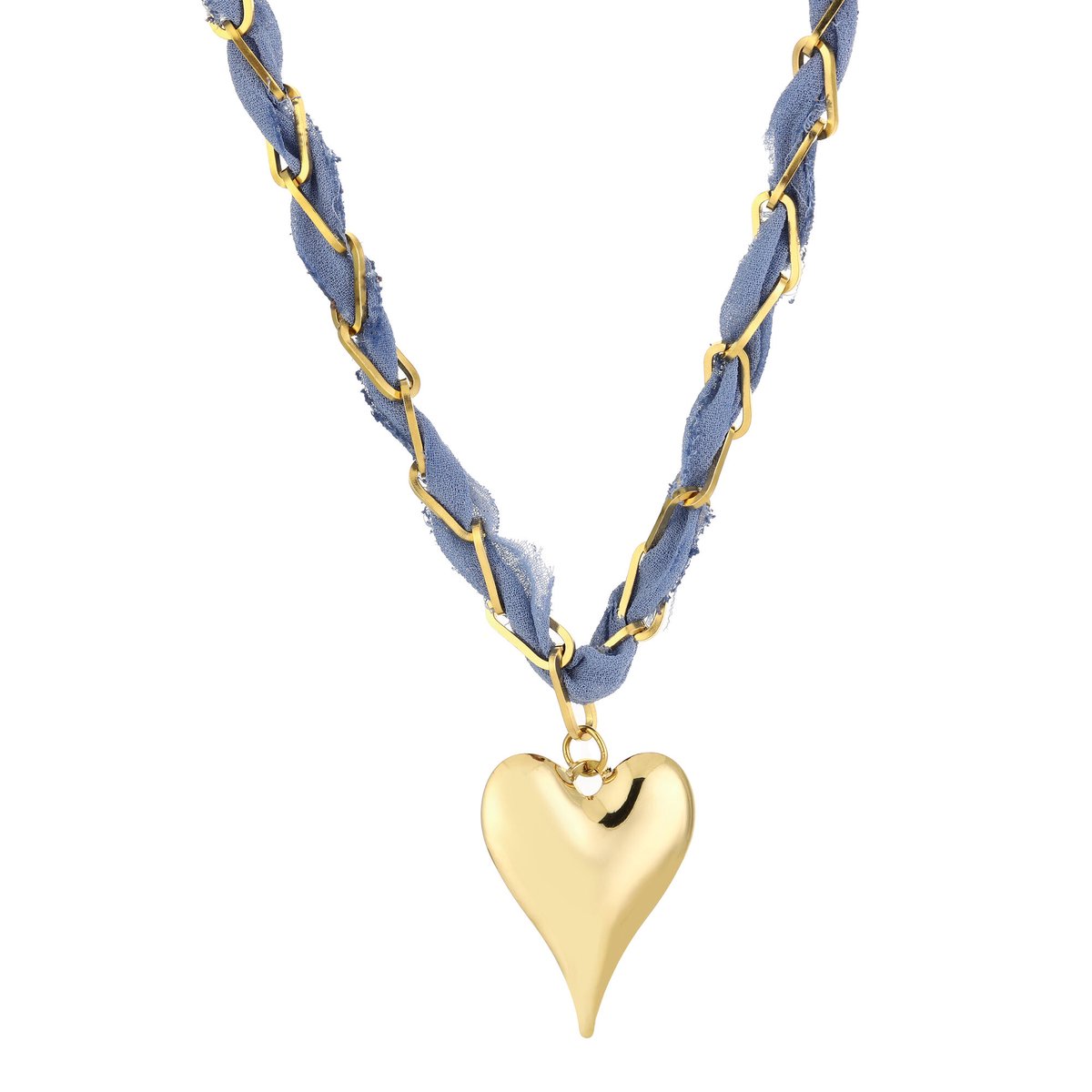 Woven Fabric Heart Pendant Chain Necklace – Stoffen Ketting met Hart – RVS - Blauw
