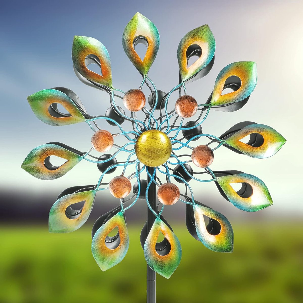 windspinners met stok, metalen windmolen tuindecoraties, 360 graden draaibare pauw buiten windsculptuur, dubbele richting windvanger voor tuinkunst, gazondecoratie, ideeëngeschenken, 160 cm