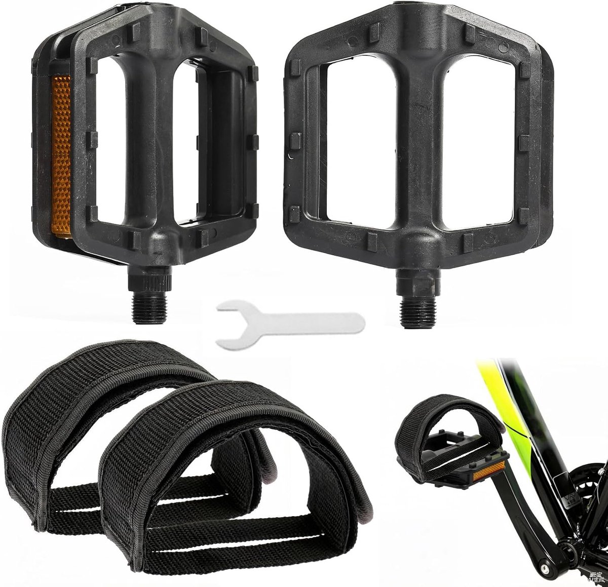 Pedalen en verstelbare pedaalriemen, pedalen fiets met montagesleutel, antislip fietspedalen voor racefiets/mountainbike/trekking/e-bike, zwart