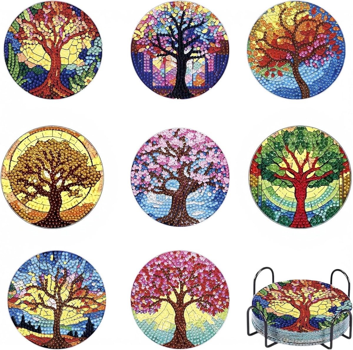 8 stuks Diamond Painting onderzetters met houder, 5D Diamond Painting levensboom, ronde magische boom, doe-het-zelf onderzetters, met houder, voor kopjes, wijnglazen, vazen en thuiskeuken