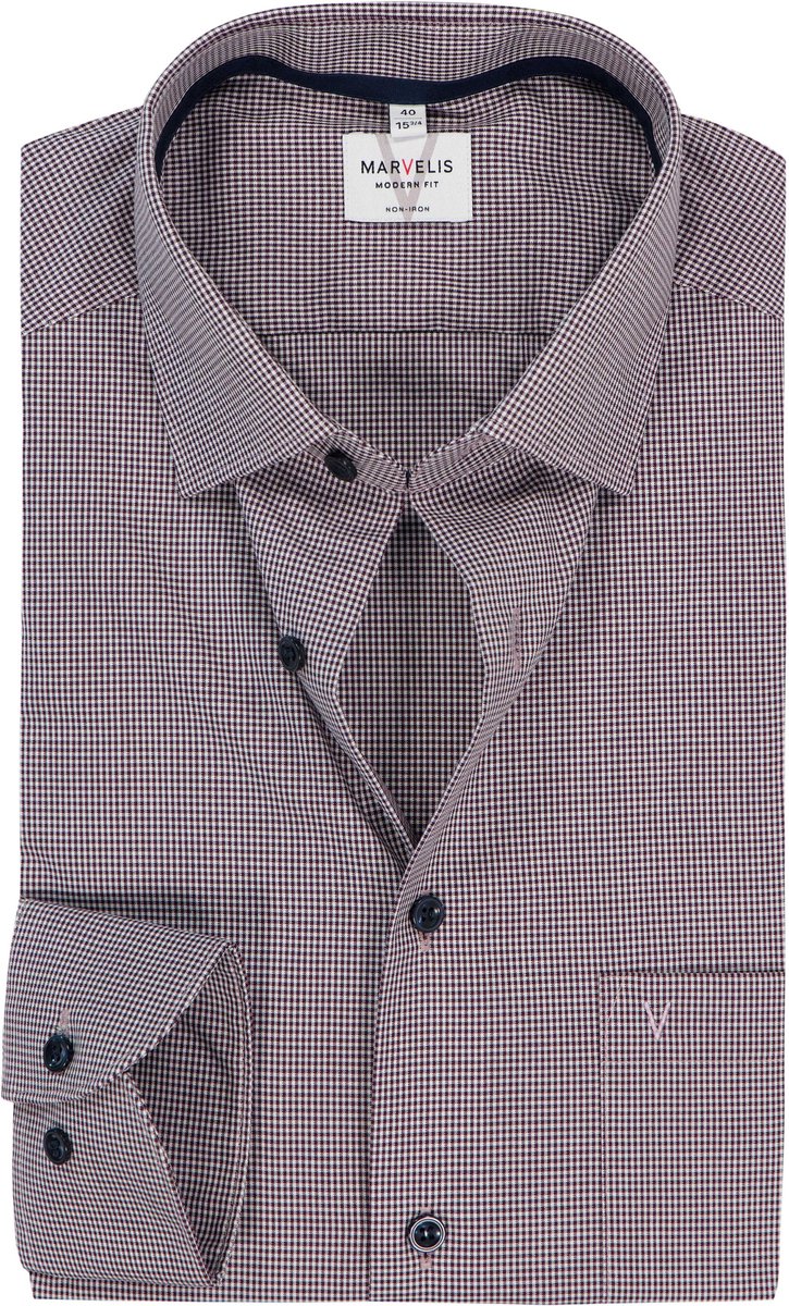 MARVELIS modern fit overhemd - popeline - bordeauxrood met wit geruit - Strijkvrij - Boordmaat: 43 (EU maat: XL)