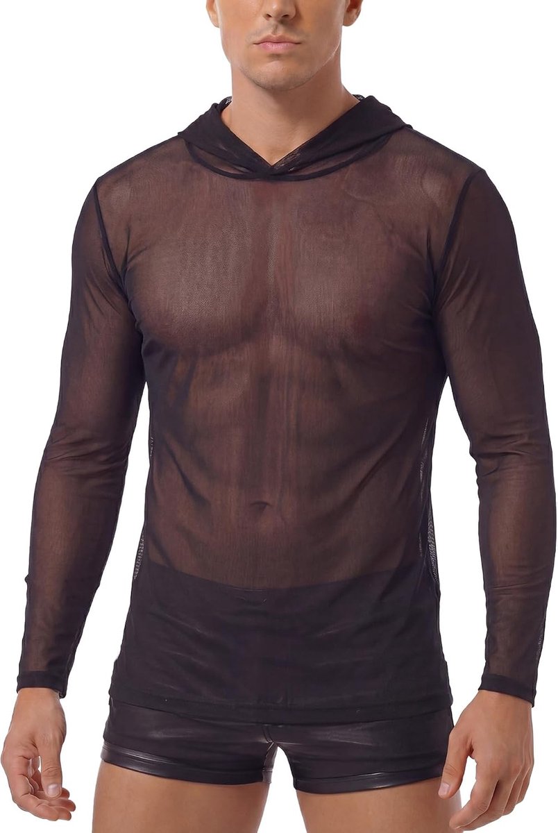 Sportshirt voor heren, mesh, met capuchon, lange mouwen, doorschijnend sexy fitnessshirt, clubwear, maat S-XXL