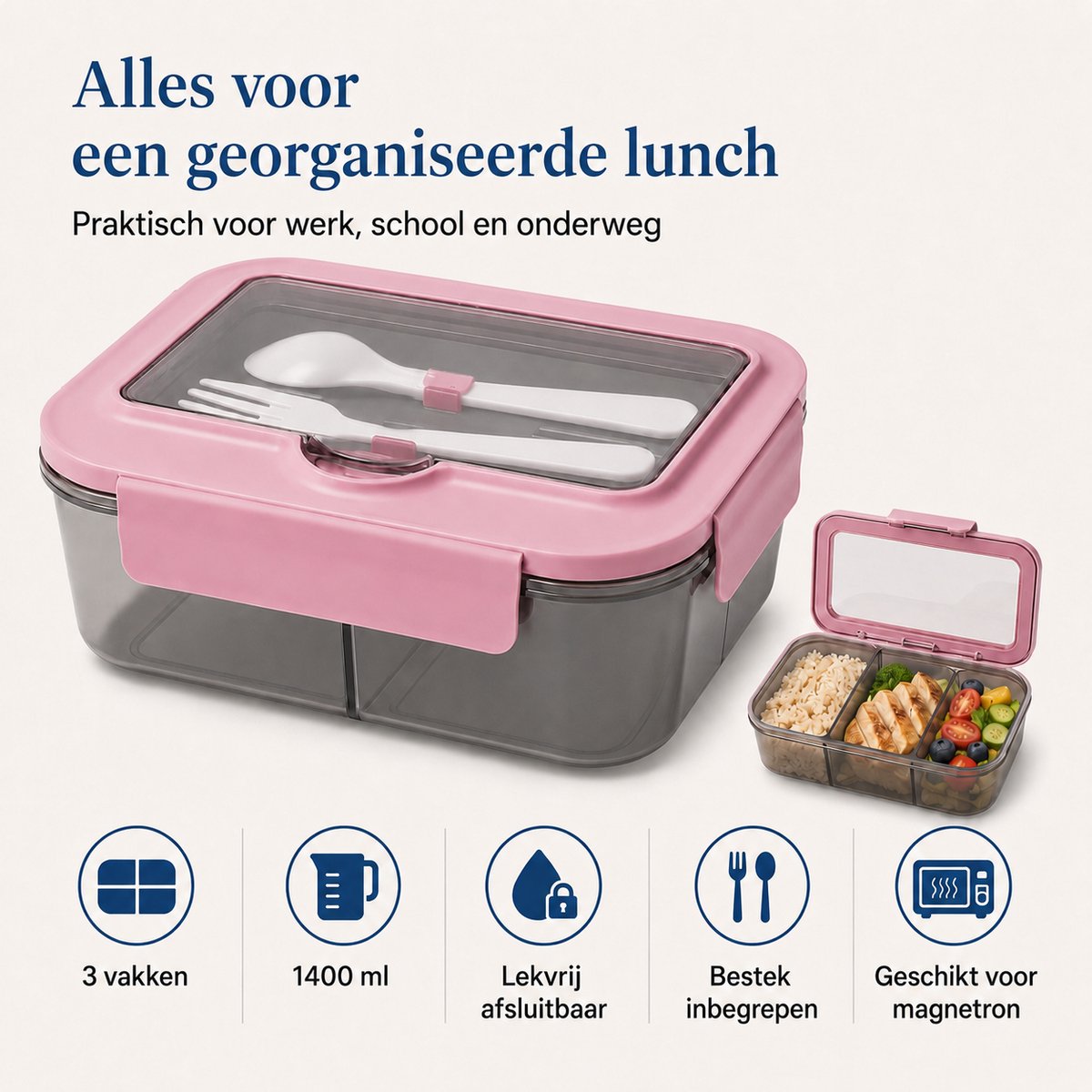 VHV - Lunchbox 1400 ml met 3 Vakken - Lekvrij Afsluitbare Bento Box met Bestek en Kijkvenster - Geschikt voor Magnetron zonder Deksel - Voor Werk, School en Onderweg - Grijs