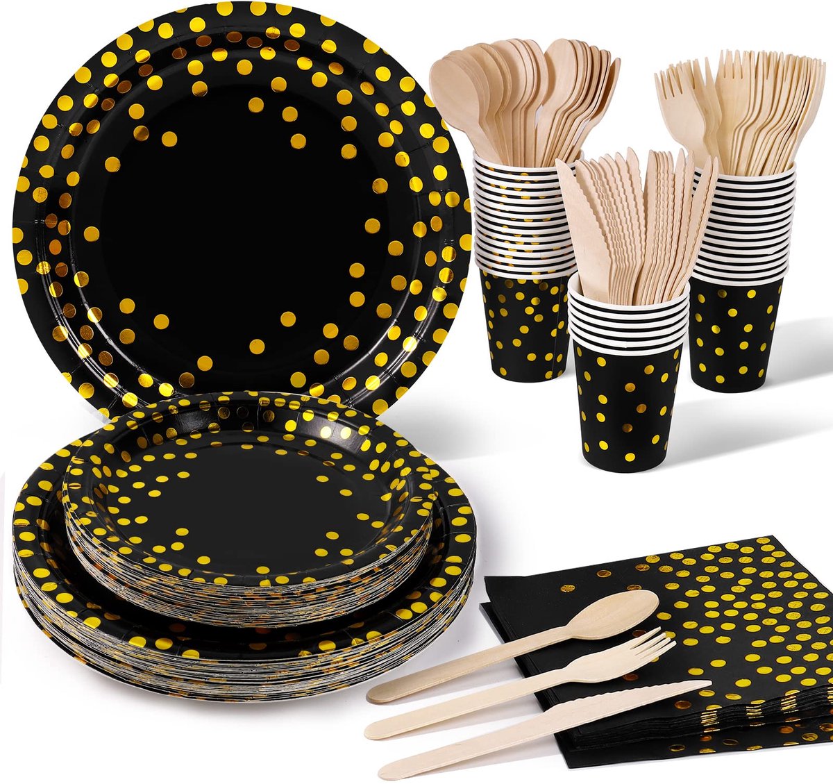 Party Servies Zwart Goud 140 Stuks Papier Servies Set Inclusief Wegwerpborden Papieren Platen Servetten Papieren Bekers, voor Bruiloft Douche, Betrokkenheid, Bruiloft, Verjaardag (20 Gasten)