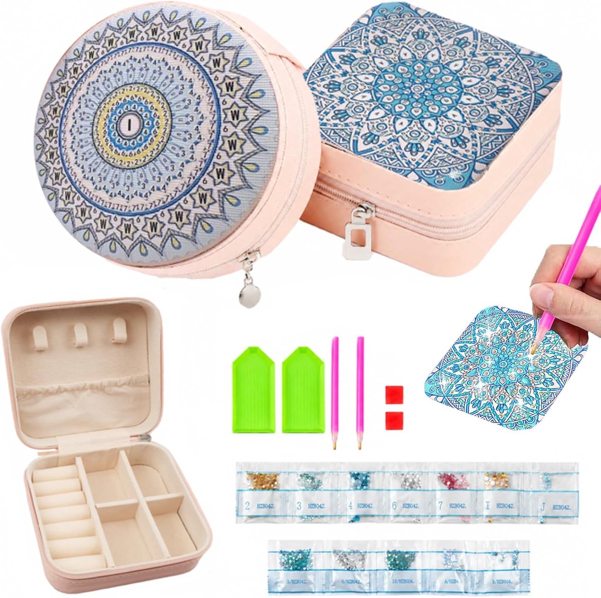 2 stuks Diamond Painting sieradendoos, creatieve set, doe-het-zelf knutselset, sieradendoos voor ringen, oorbellen, armbanden, halskettingen, geschenken voor volwassenen en meisjes