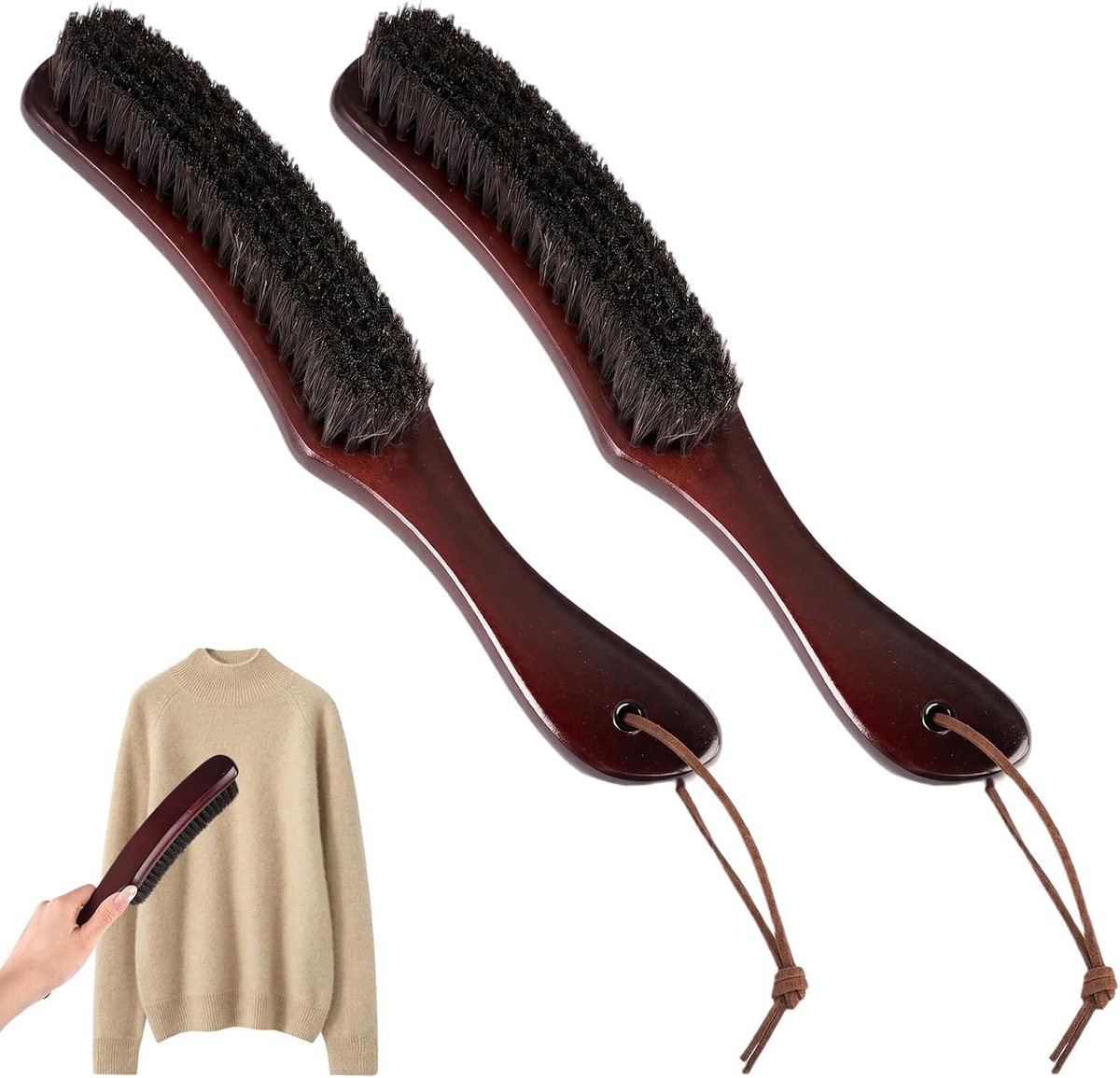 2 Stuks Donkerbruine Paardenhaar Hoedenborstel met Beukenhandvat (27cm*4cm) | Paardenhaar Textielborstel, Ergonomische Borstel Voor Hoed, Pak, Wol, Suède, Verwijdert Stof, Pluisjes En Huisdierhaar