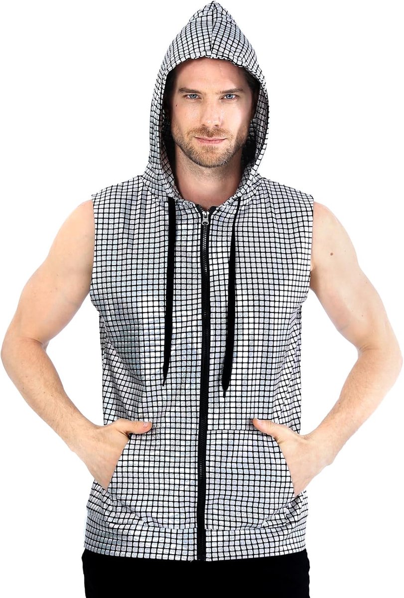 Metallic Jaren '70 Fancy Dress Disco Shiny mouwloze Hoodie Zip Up Vest Shirts