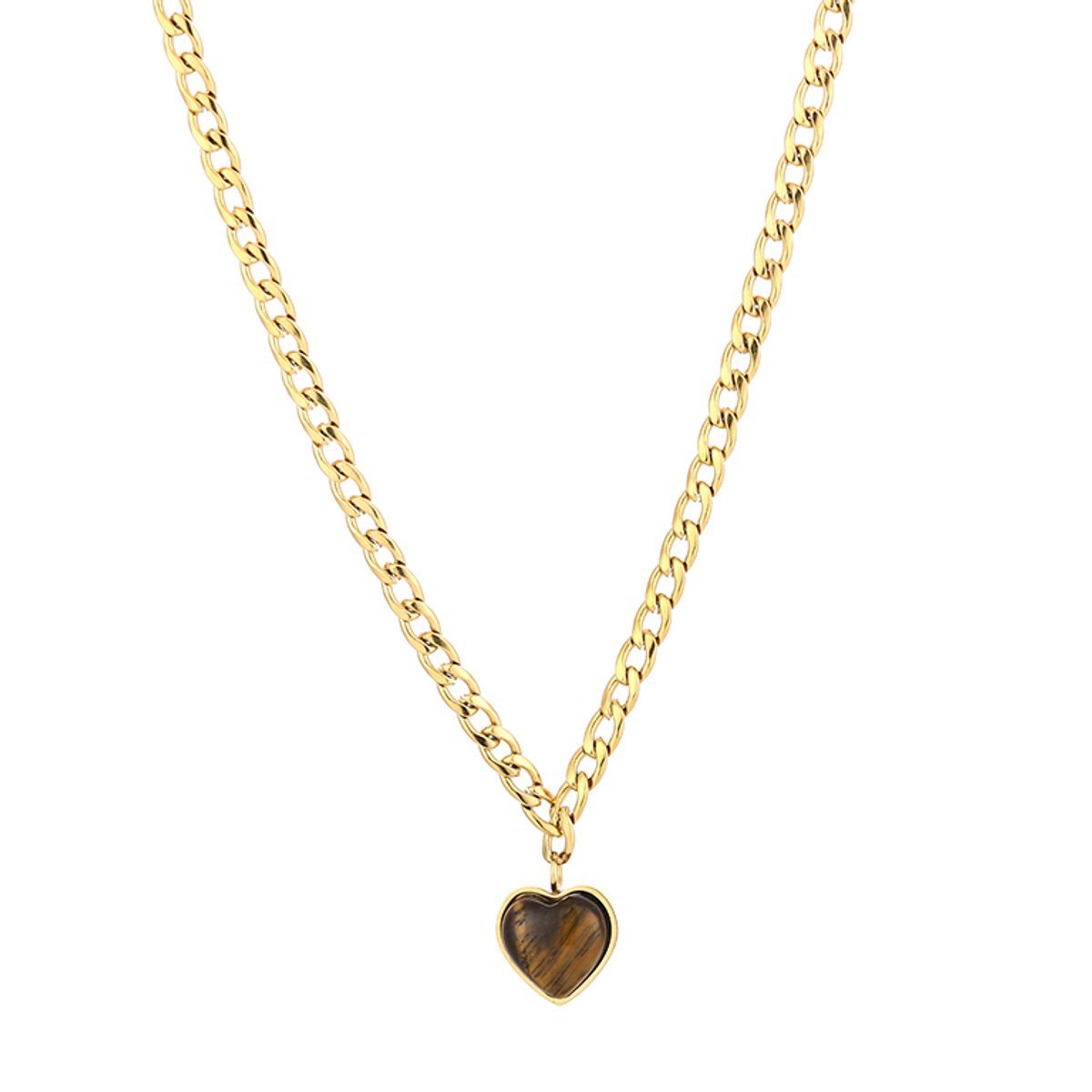 Tiger Eye Heart Pendant Curb Chain Necklace – Schakel Ketting met Hart – RVS