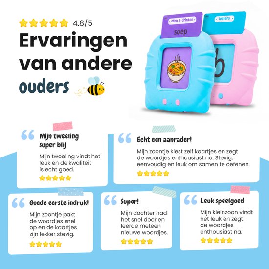Roze en blauw leerapparaat met kaarten voor 'soep' en 'letter b'.