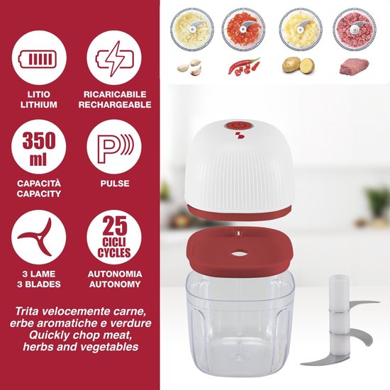 Mini Hakmachine - Keuken Chopper - Snel Ingrediënten Hakken - Draadloos Oplaadbaar - 350 ml - Rood Wit van MINI — afbeelding 4